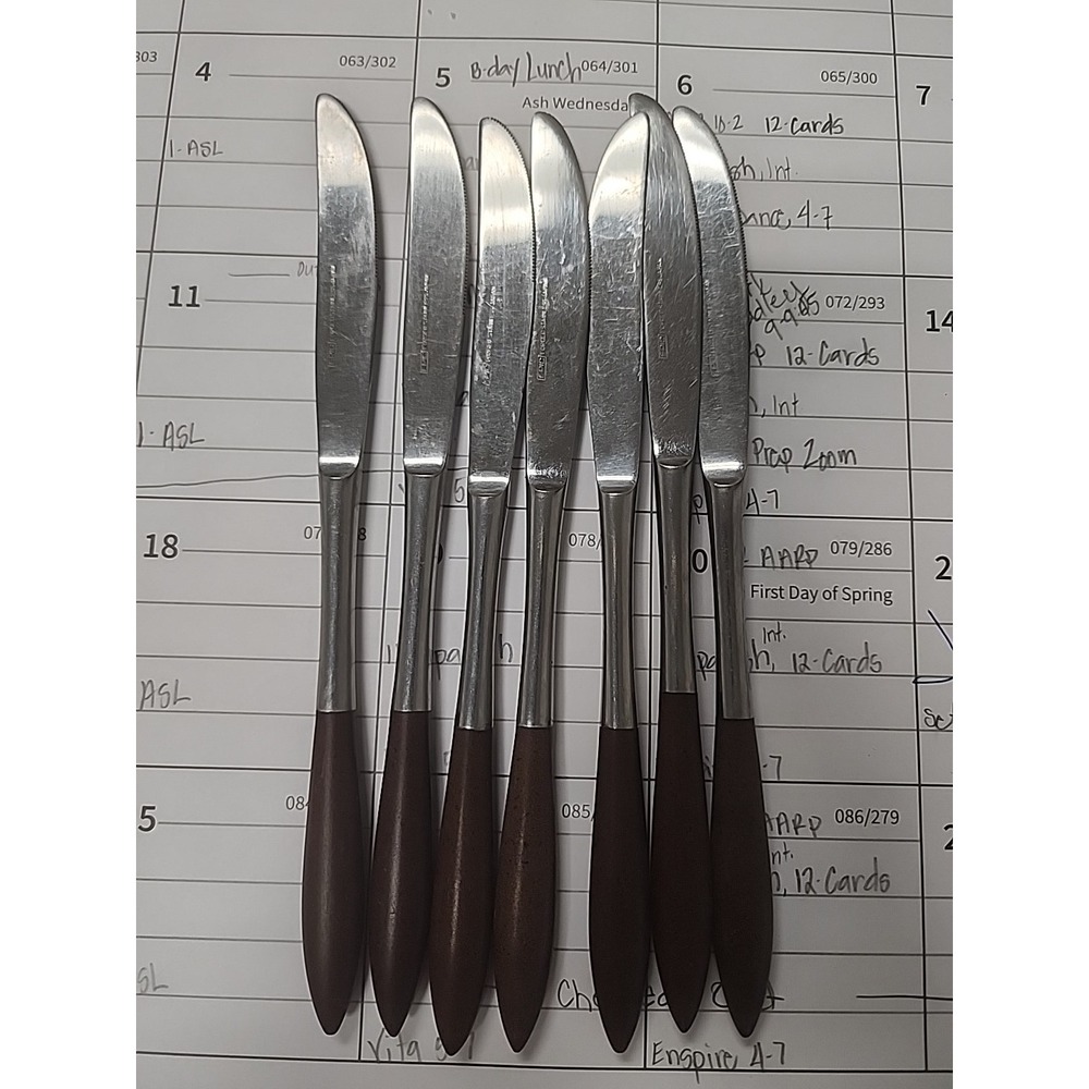 Vintage Set of 7 EKCO ETERNA Canoe Muffin Wood Handle Forged Stainless‎ Knives